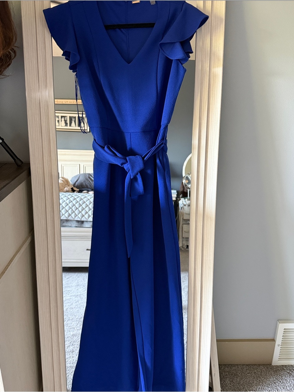 T Tahari Royal Blue Ruffled-Sleeve Jumpsuit with Waist Tie
